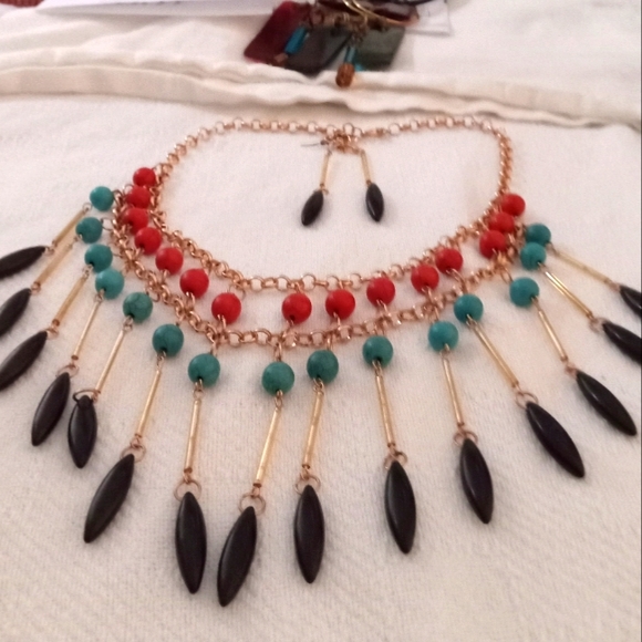 Handmade.Gold/and I black/Blue/Orange Stone Layered Necklace/Dangle Earrings Set - Picture 2 of 10